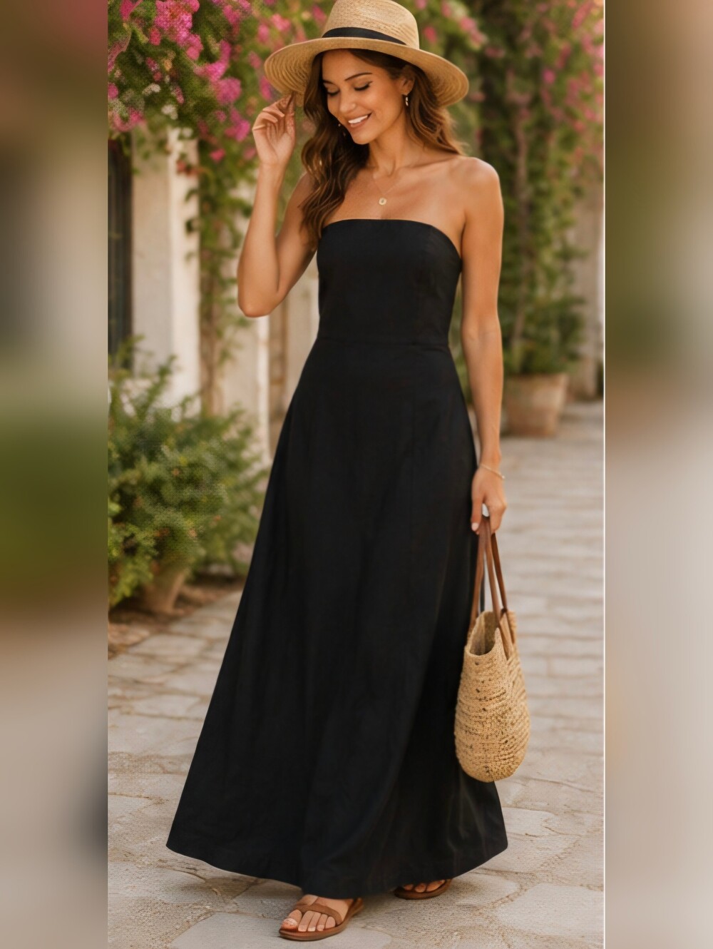 Japna Black Strapless Maxi Dress Open Back Tie Linen Blend XL